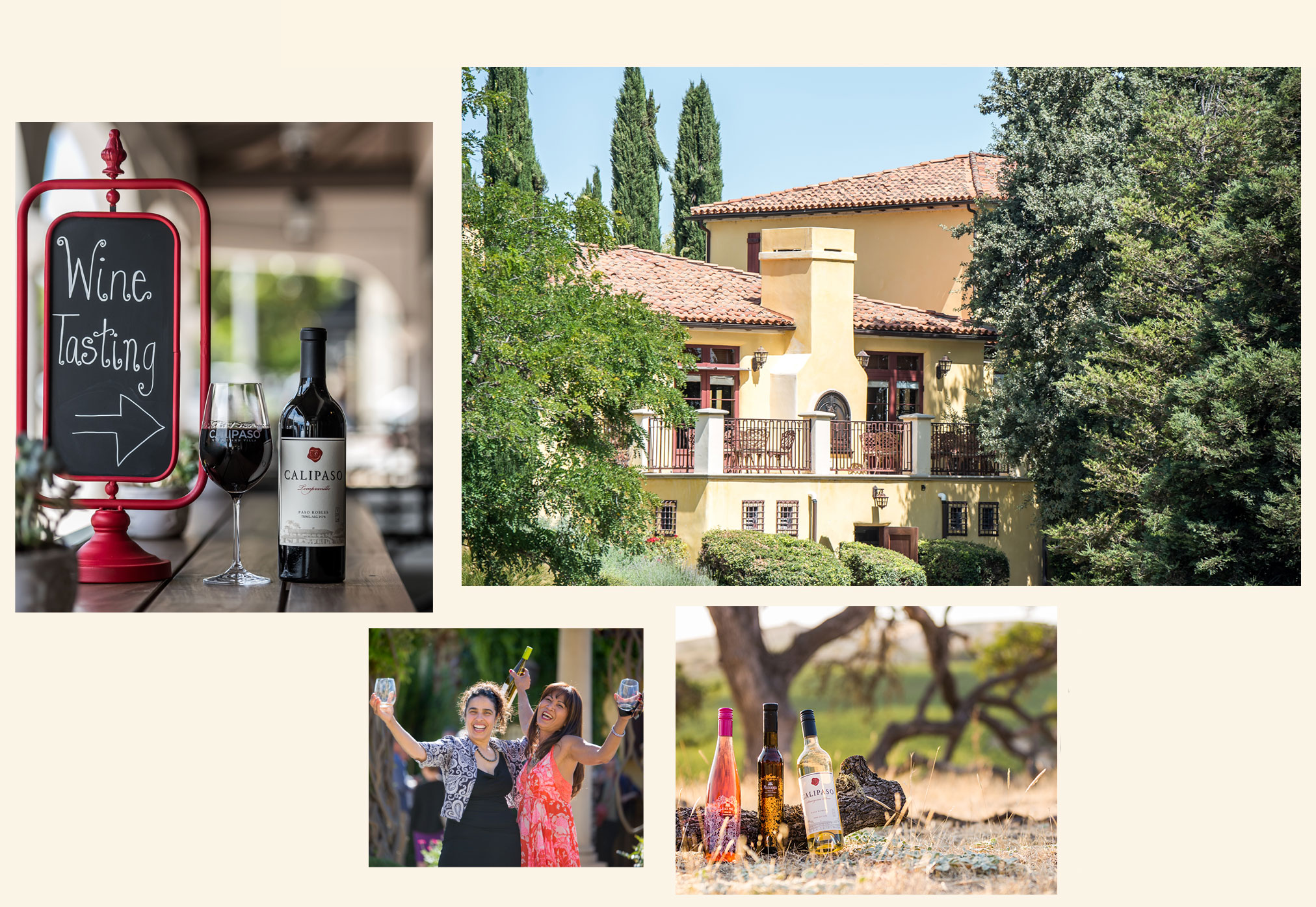 Front-Collage2 Wine Tasting sign with CaliPaso glass and bottle of wine; Italian style building with patio; Two women with wine glasses laughing; Three bottles of CaliPaso wines in a field